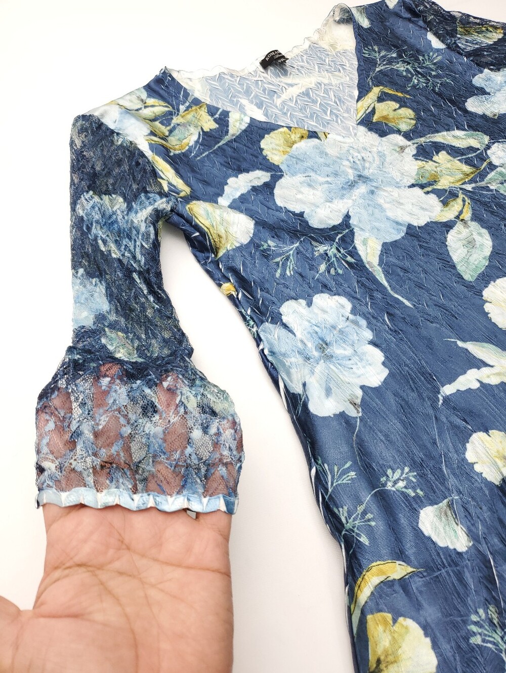 Komarov Lace Sleeve Charmeuse & Chiffon Blue Floral Evening Cocktail Dress PXL - Picture 9 of 14